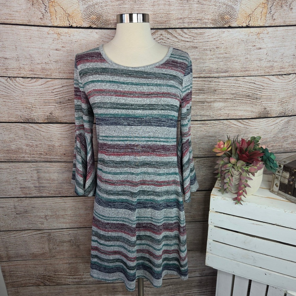NWT Market & Spruce Evelyn Knit Dress Grey‎ Burgundy Teal Stripe Bell Sleeve SP